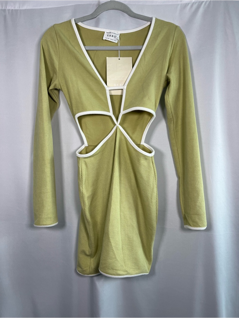 SABO NWT Gigi retro ribbed cutout bodycon mini dress dusty green sz xs - Picture 3 of 7
